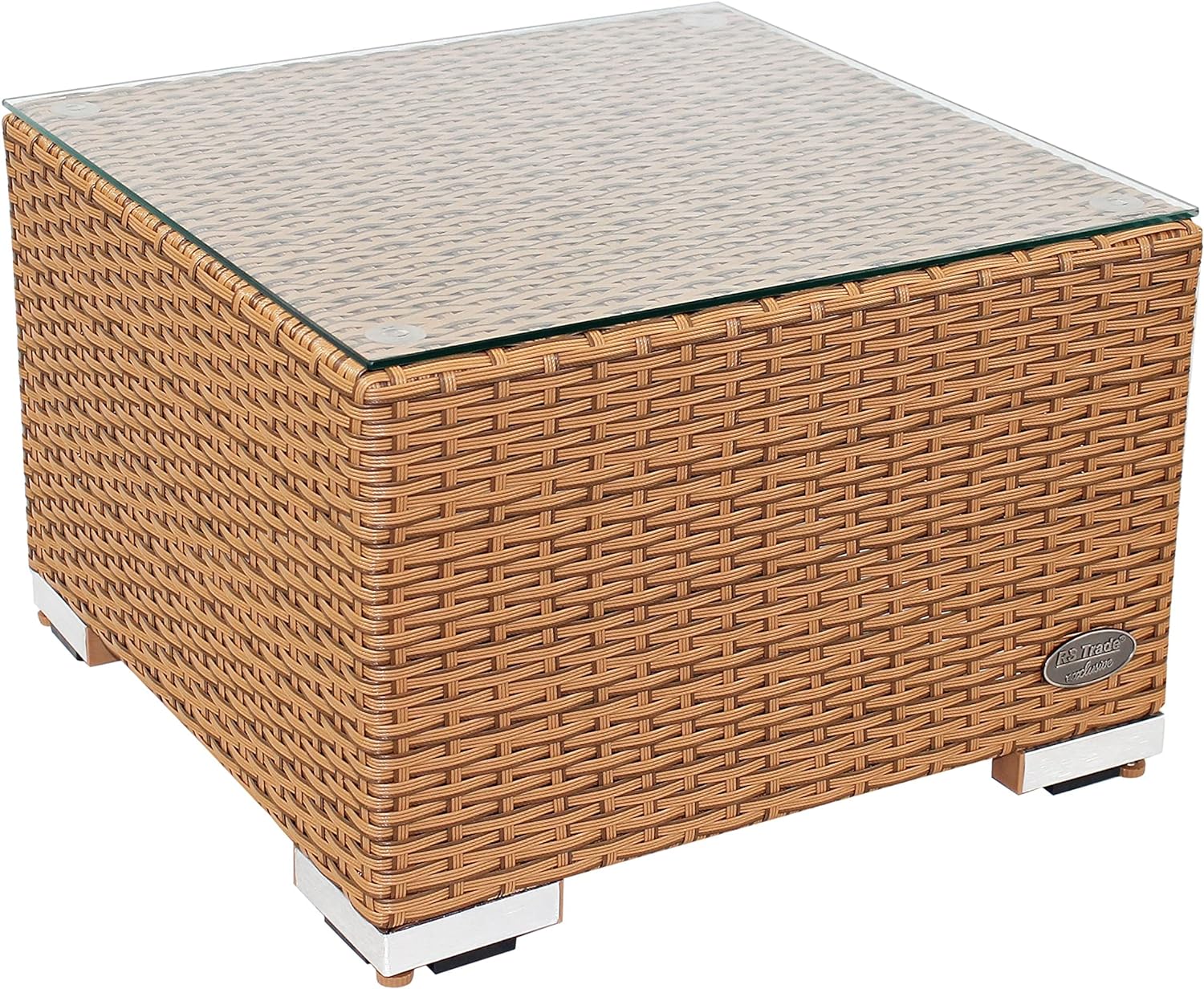 Quadratischer Rattantisch in Naturfarbe mit Glasplatte und Metallelementen, Marke „RS Trade“.
