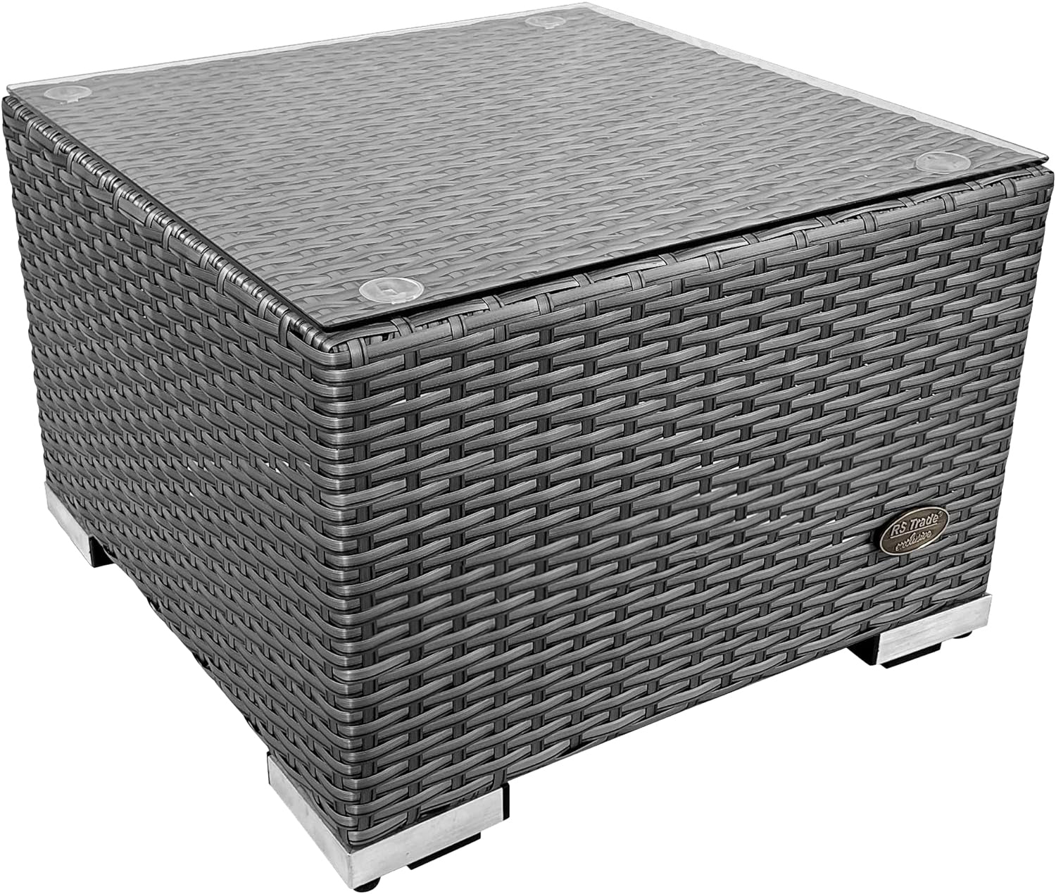 Quadratischer Beistelltisch aus grauem Polyrattan mit Glasplatte und silberfarbenen Füßen von RS Trade.