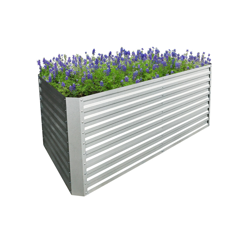 Rechteckiges Hochbeet mit Lavendelbepflanzung, silberfarben, aus Stahl-Wellblech.