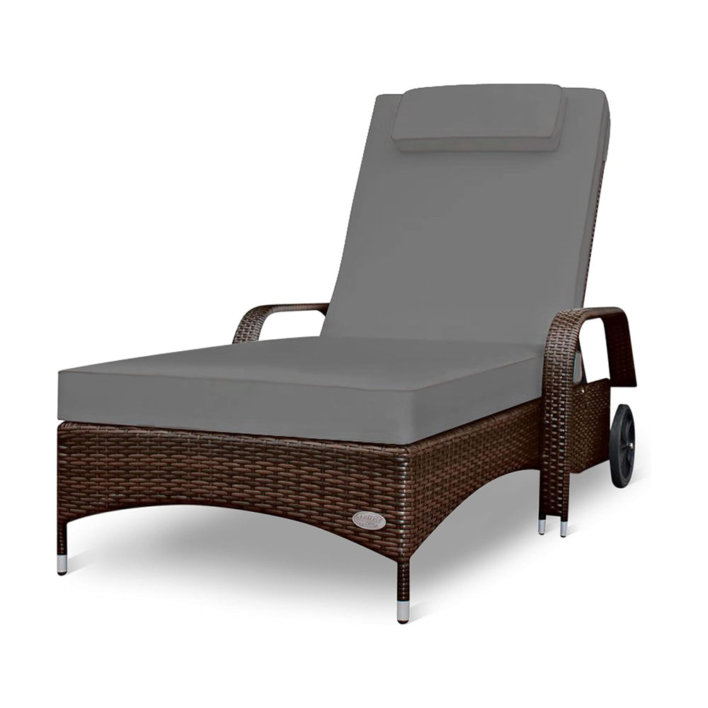 Polyrattan Sonnenliege braun mit beiger Auflage und verstellbarer Rückenlehne, modernes Gartenmöbel für Terrasse und Pool