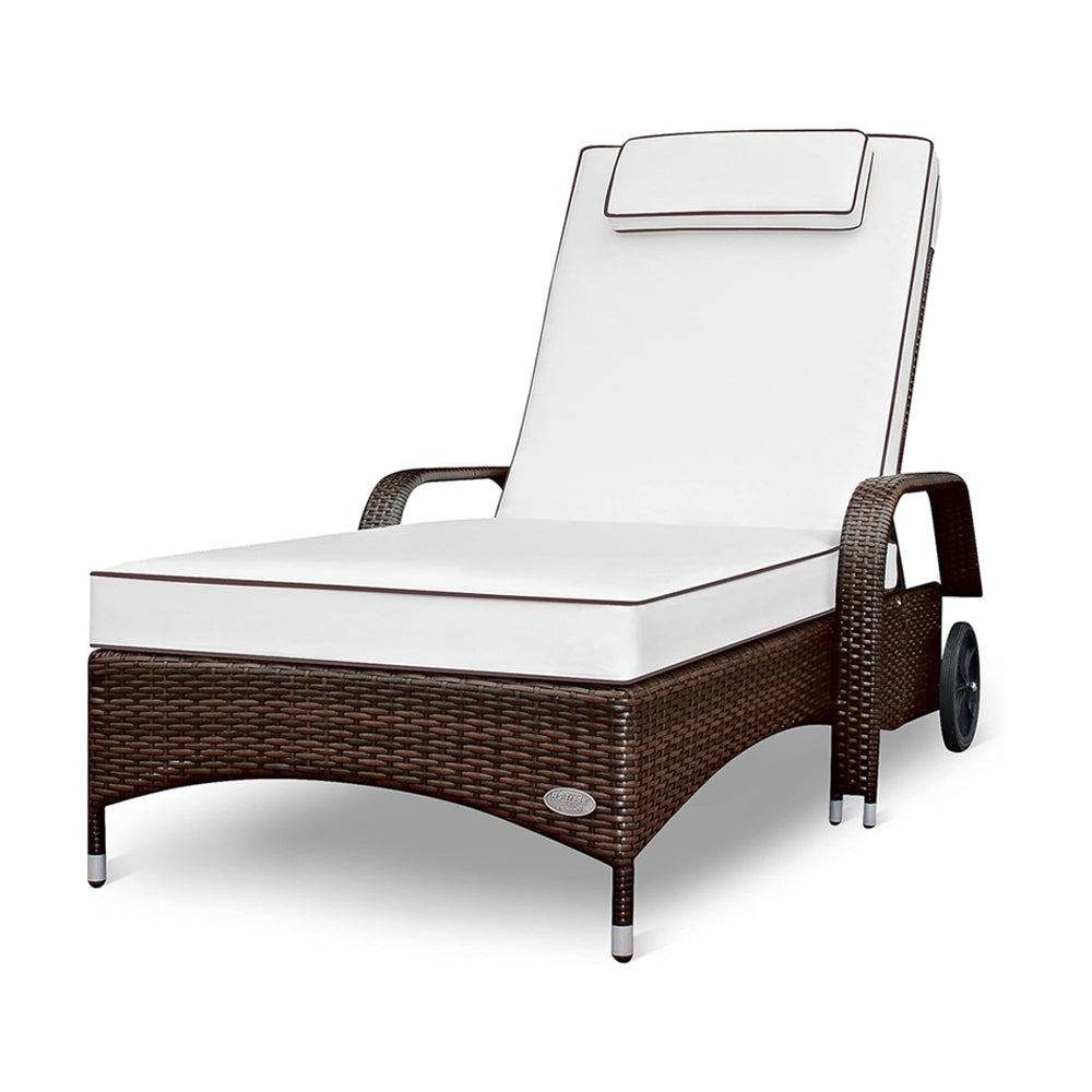 Braune Polyrattan Sonnenliege mit heller Auflage und verstellbarer Rückenlehne, Gartenliege mit Rollen