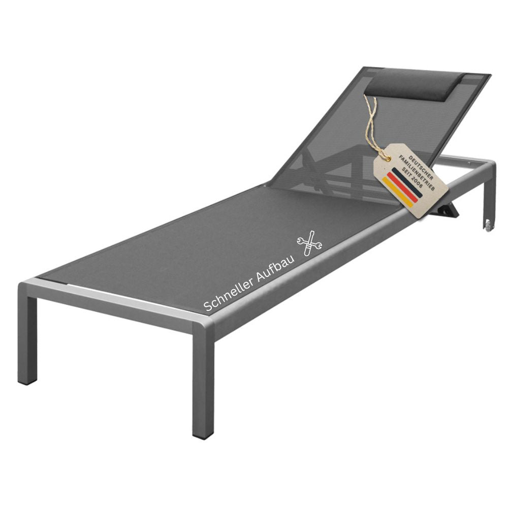 Graue Gartenliege aus Metall mit verstellbarer Rückenlehne und Kopfkissen, modernes wetterfestes Design für Terrasse, Balkon und Garten