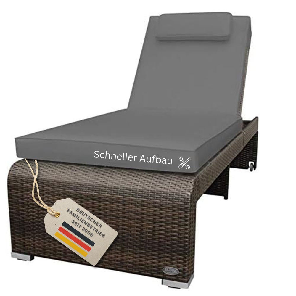 Braune Polyrattan-Sonnenliege mit grauer Auflage und verstellbarer Rückenlehne für Garten, Terrasse oder Poolbereich. Wetterfeste Relaxliege mit modernem Design und schneller Montage.