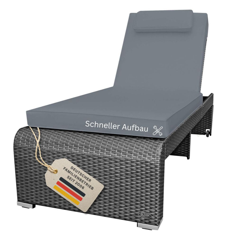 Graue Polyrattan-Sonnenliege mit grauer Auflage und verstellbarer Rückenlehne. Wetterfeste Gartenliege für Terrasse, Balkon oder Pool mit modernem Design und schnellem Aufbau.