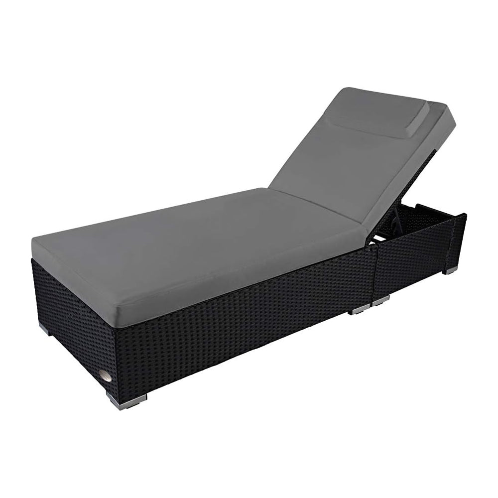 Polyrattan Sonnenliege in Schwarz mit grauer Komfortauflage und verstellbarer Rückenlehne, wetterfeste Gartenliege für Terrasse, Balkon und Poolbereich