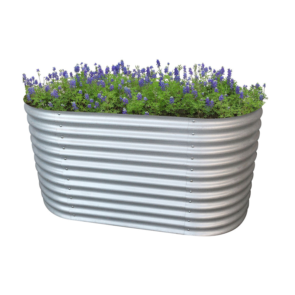 Ovales Hochbeet mit Lavendel bepflanzt, aus Stahl-Wellblech, freigestellt dargestellt.