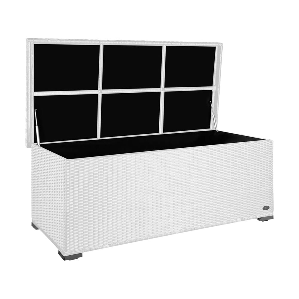 Geöffnete, rechteckige Aufbewahrungsbox aus weißem Kunststoffgeflecht in Rattan-Optik. Der Deckel wird von zwei Gasdruckdämpfern gehalten.