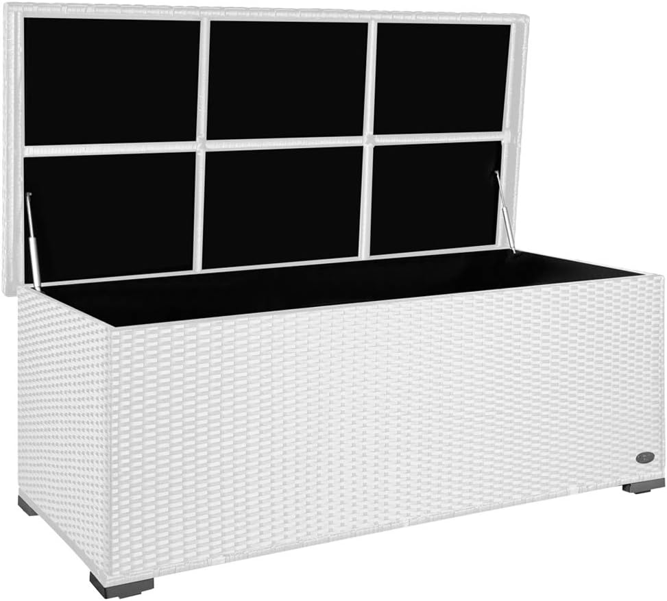 Geöffnete, rechteckige Aufbewahrungsbox aus weißem Kunststoffgeflecht in Rattan-Optik. Der Deckel wird von zwei Gasdruckdämpfern gehalten.