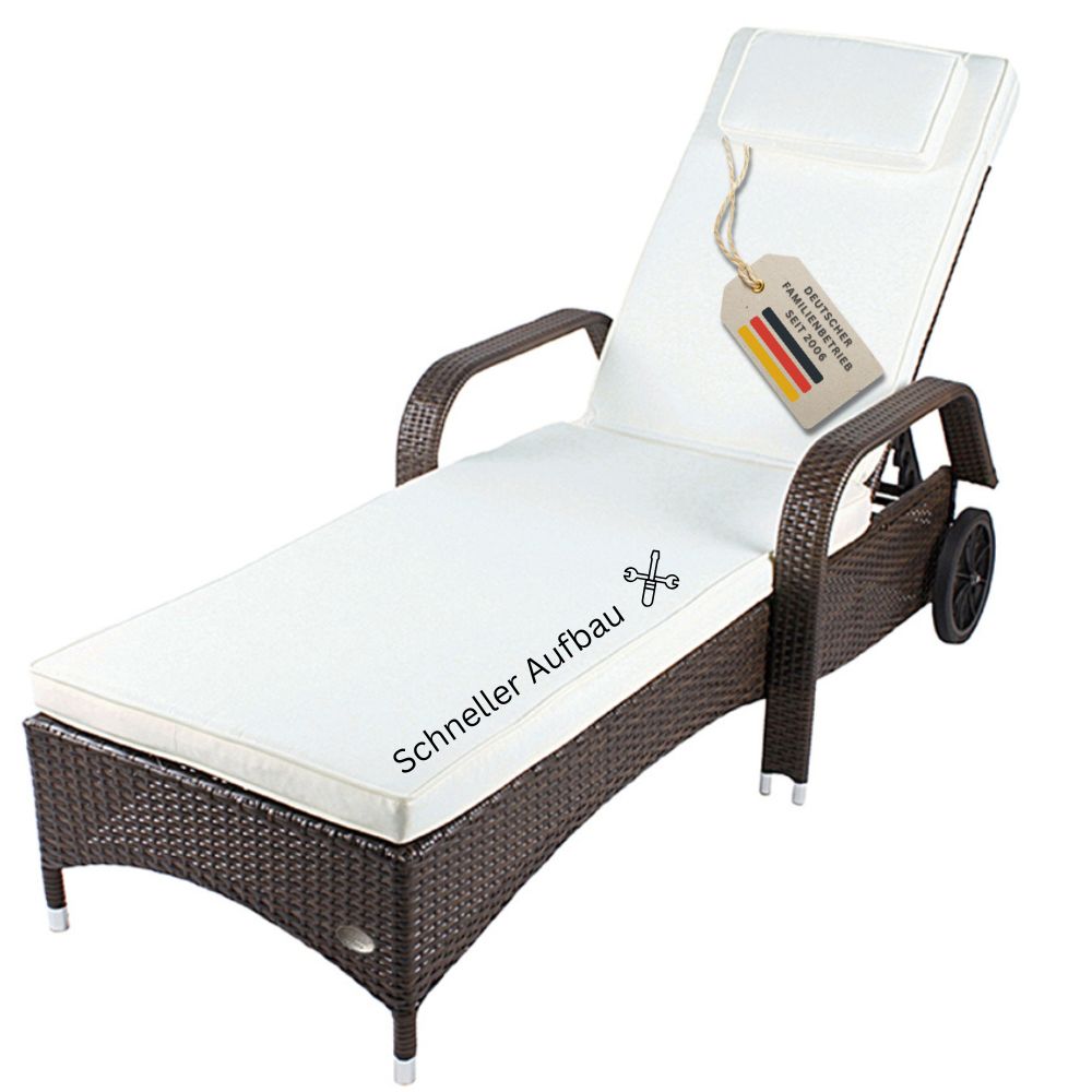 Polyrattan Sonnenliege braun mit Rollen und Armlehnen, einfacher Aufbau und mobil