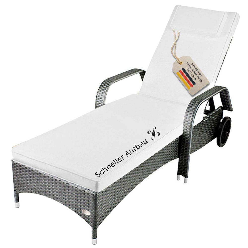 Graue Polyrattan Sonnenliege mit heller Auflage, Rollen und Armlehnen, schneller Aufbau