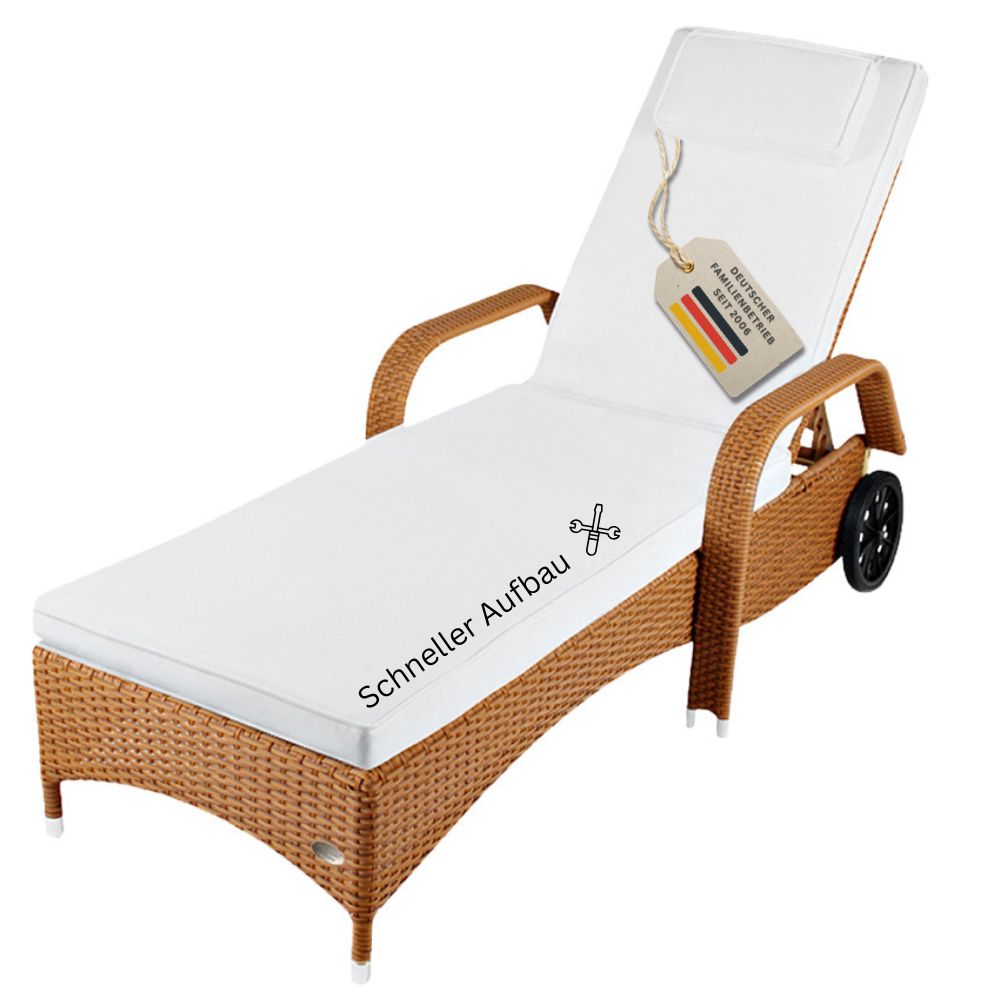 Polyrattan Sonnenliege in Naturbraun mit Rollen und Armlehnen, schneller und einfacher Aufbau