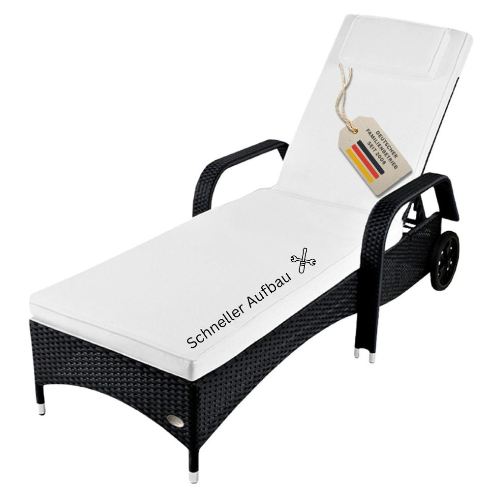Polyrattan Sonnenliege schwarz mit Rollen und Armlehnen, einfacher und schneller Aufbau
