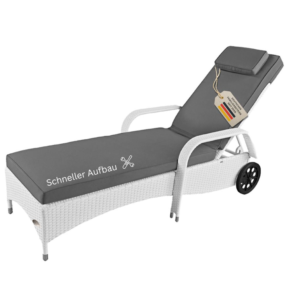 Weiße Polyrattan Sonnenliege mit Rollen und Armlehnen, schneller und einfacher Aufbau