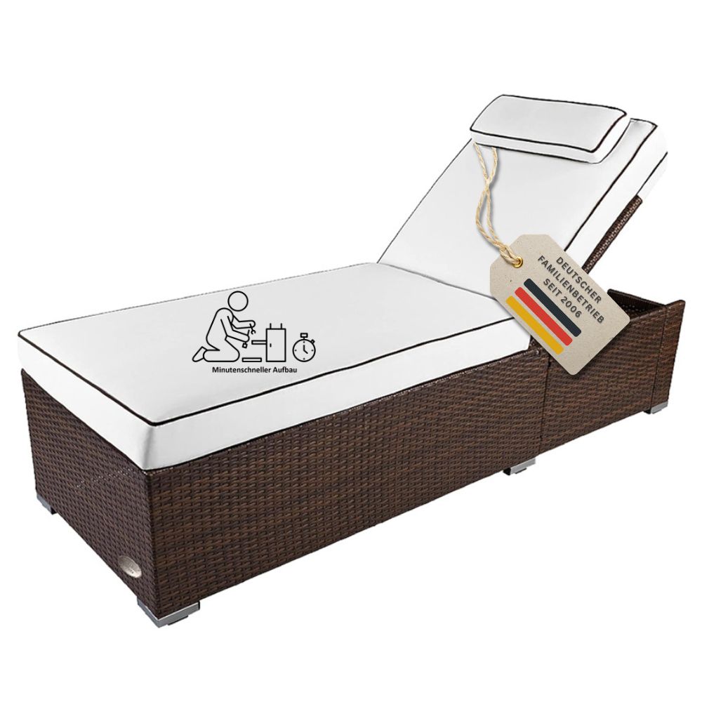 Braune Polyrattan Sonnenliege mit heller Komfortauflage, verstellbarer Rückenlehne und schneller, einfacher Montage für Garten und Terrasse