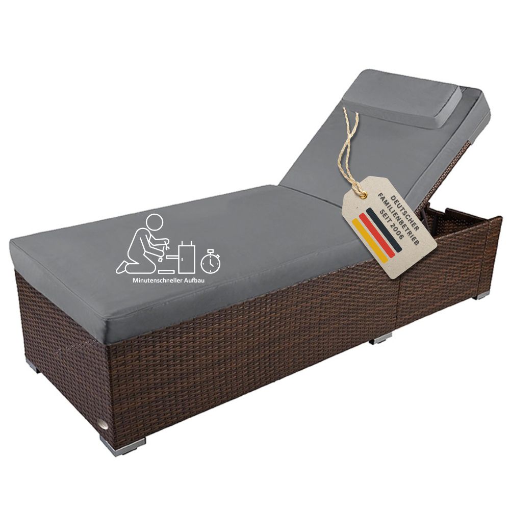 Braune Polyrattan Sonnenliege mit grauer Komfortauflage, verstellbarer Rückenlehne und schneller, einfacher Montage für Garten und Terrasse