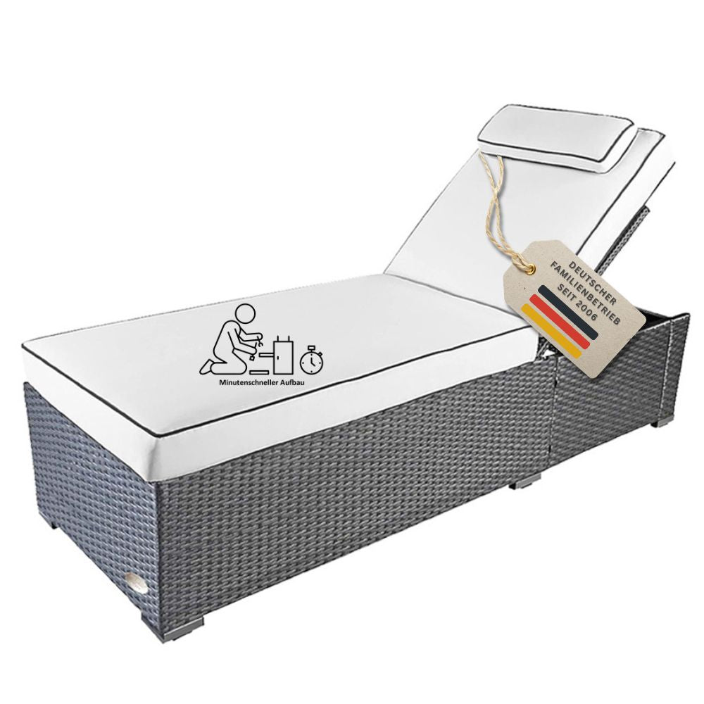 Graue Polyrattan Sonnenliege mit heller Komfortauflage, verstellbarer Rückenlehne und schneller, einfacher Montage für Garten und Terrasse