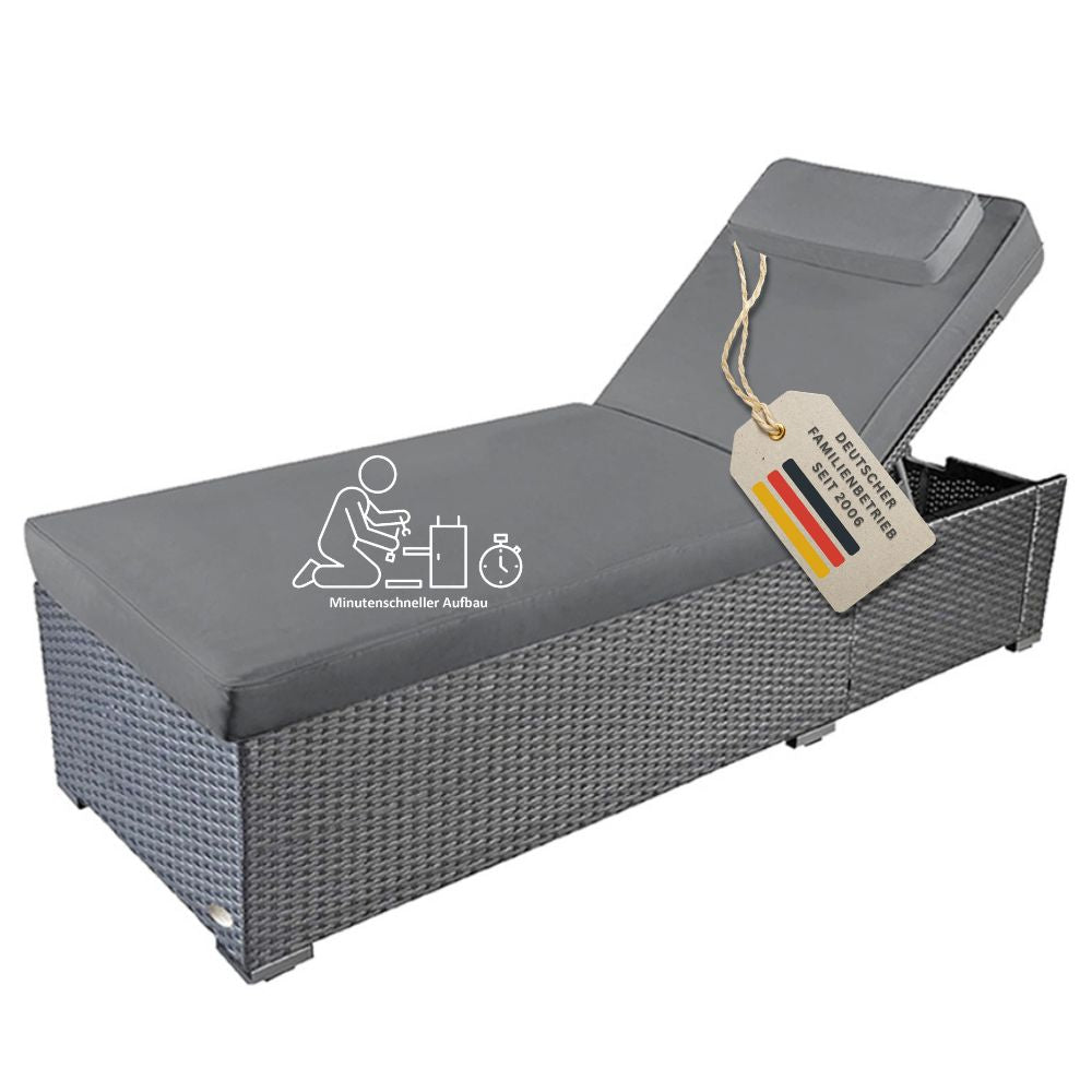 Graue Gartenliege aus Polyrattan mit Komfortauflage, verstellbarer Rückenlehne und schneller, einfacher Montage