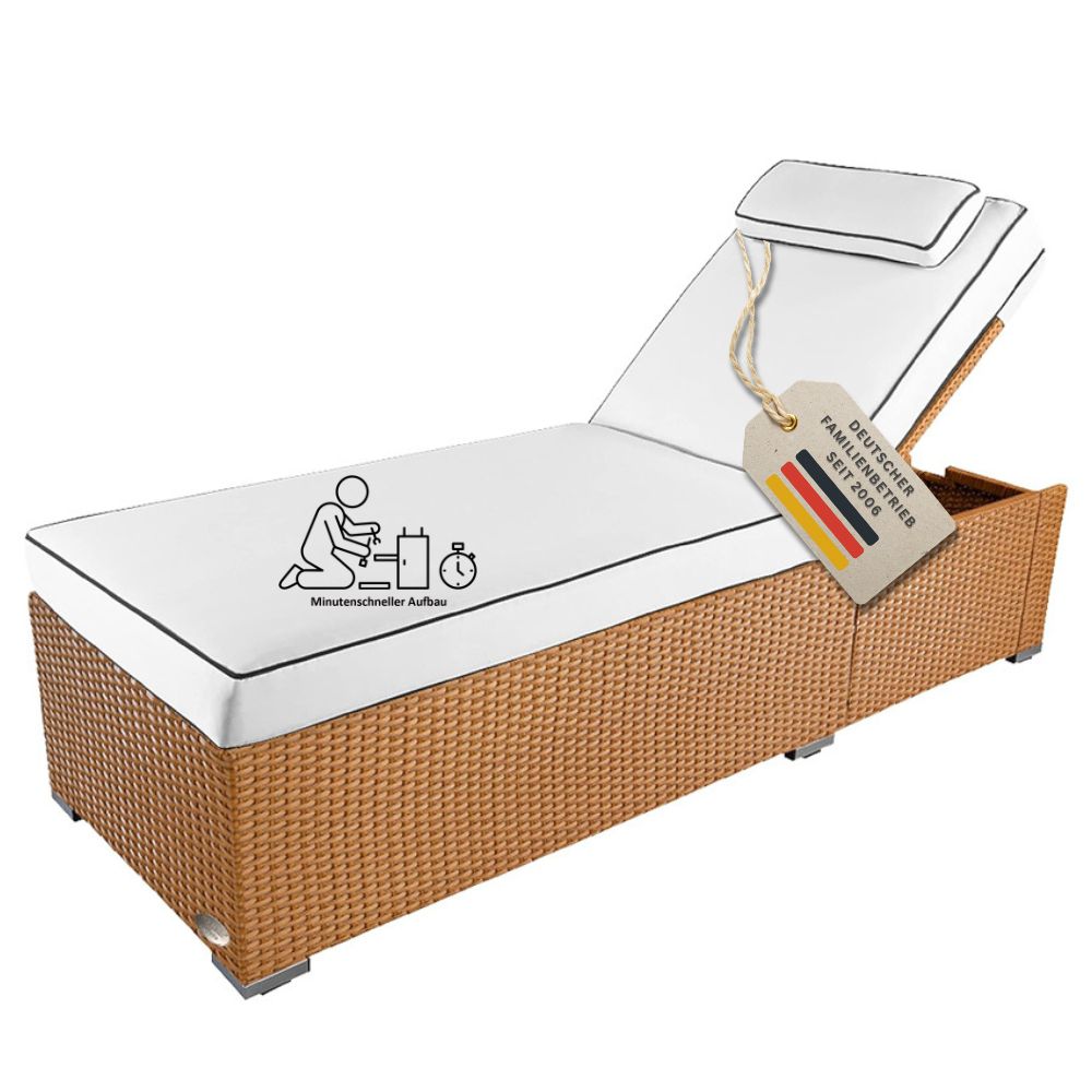 Polyrattan Sonnenliege in Natur mit heller Komfortauflage, verstellbarer Rückenlehne und schneller, einfacher Montage für Garten und Terrasse