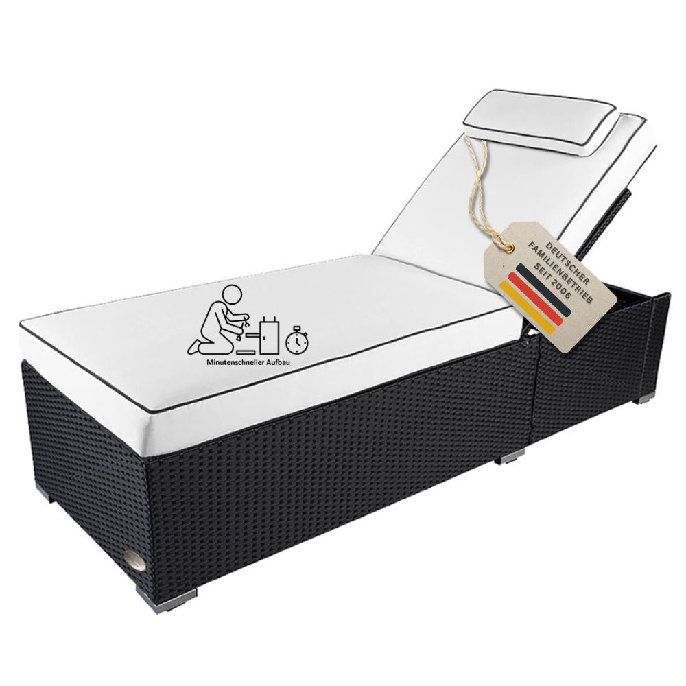Schwarze Polyrattan Sonnenliege mit heller Komfortauflage, verstellbarer Rückenlehne und schneller, einfacher Montage für Garten und Terrasse