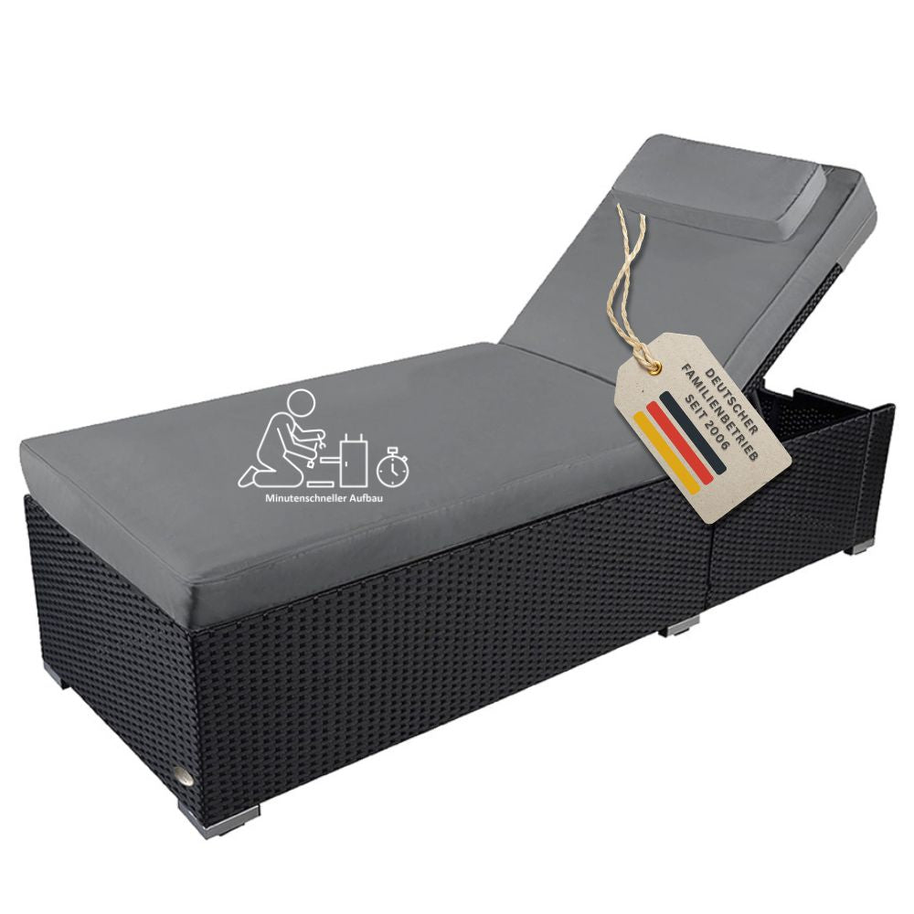 Schwarze Polyrattan Sonnenliege mit grauer Komfortauflage, verstellbarer Rückenlehne und schneller Montage für Garten und Terrasse