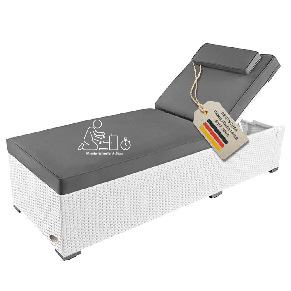 Weiße Polyrattan Sonnenliege mit grauer Komfortauflage, verstellbarer Rückenlehne und schneller Montage für Garten, Terrasse oder Balkon