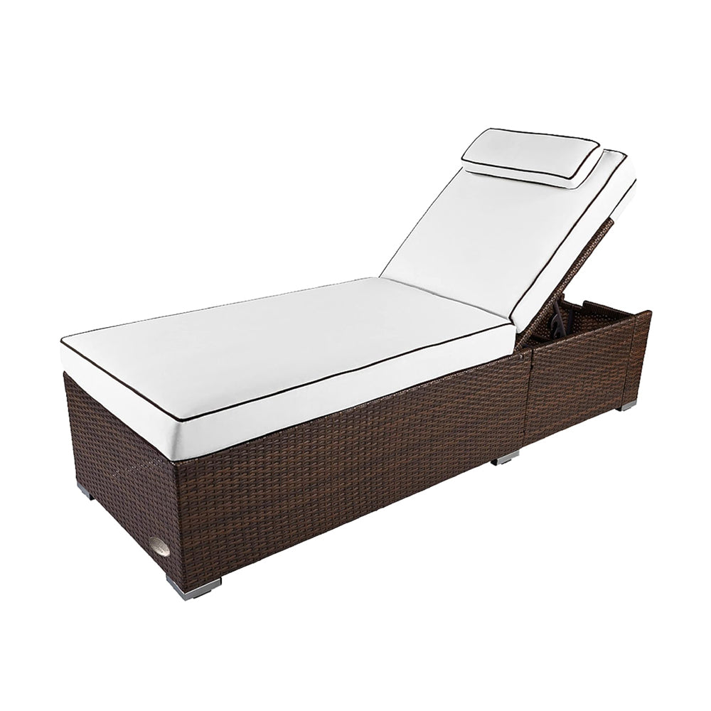 Polyrattan Sonnenliege in braun mit heller Auflage und verstellbarer Rückenlehne für Garten und Terrasse