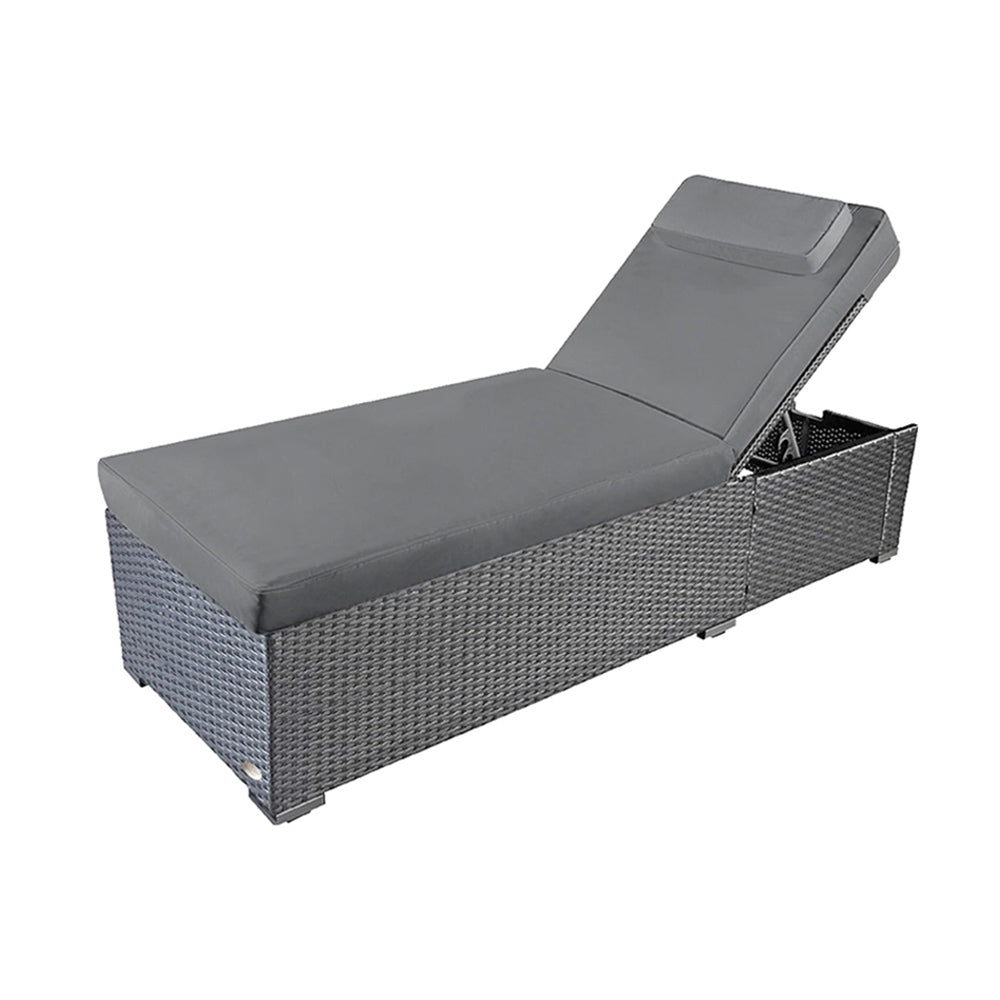 Graue Polyrattan Sonnenliege mit dicker Komfortauflage und verstellbarer Rückenlehne, moderne Gartenliege