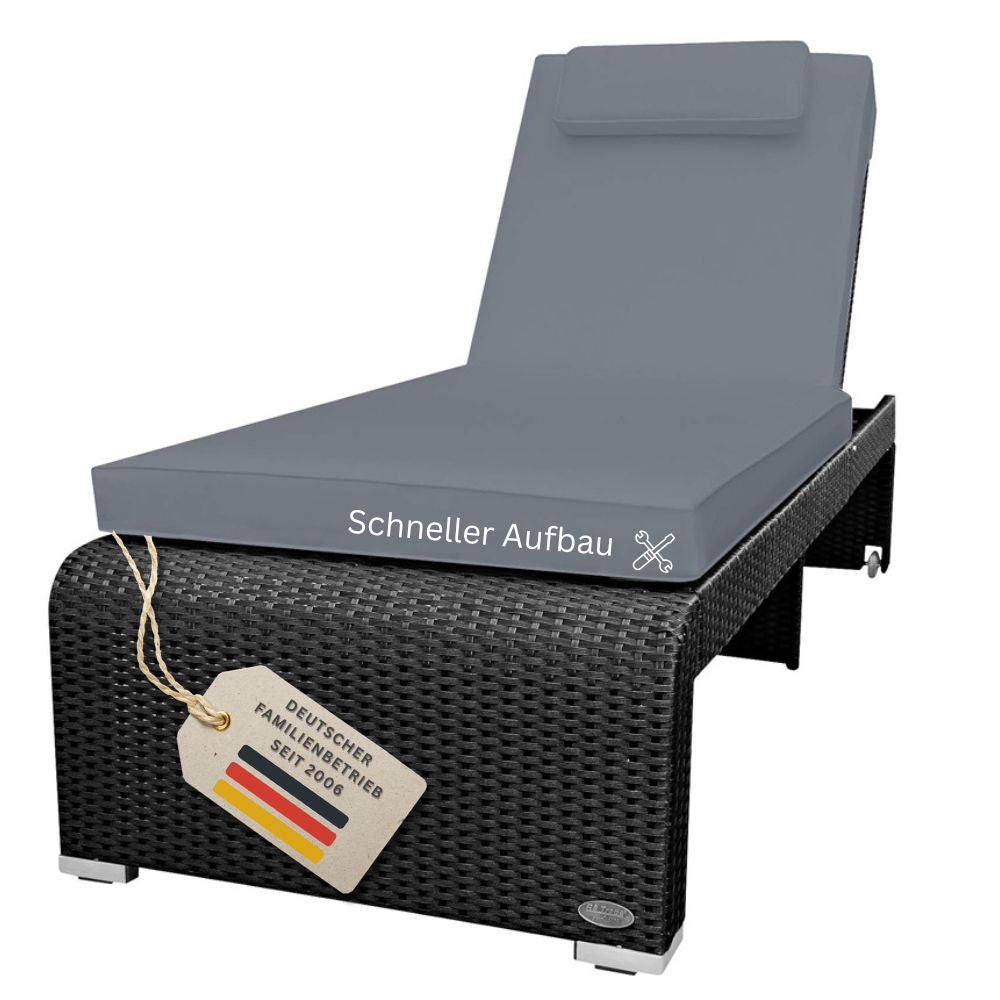 Schwarze Polyrattan-Sonnenliege mit grauer Auflage und verstellbarer Rückenlehne. Wetterfeste Gartenliege für Terrasse, Balkon oder Pool mit modernem Design und schnellem Aufbau.