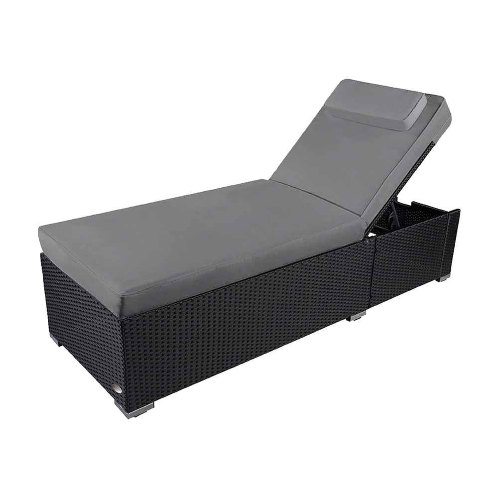 Schwarze Polyrattan Sonnenliege mit grauer Auflage und verstellbarer Rückenlehne, moderne Gartenliege