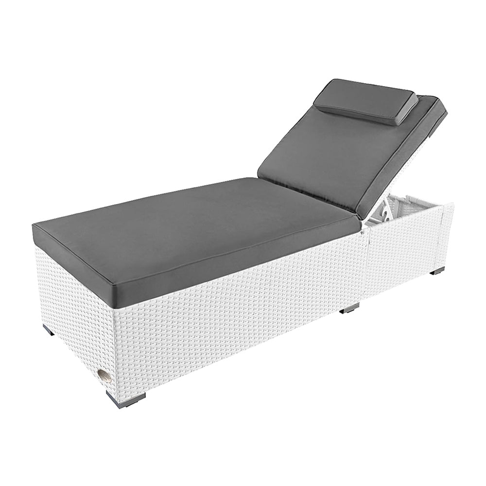 Weiße Polyrattan Sonnenliege mit grauer Auflage und verstellbarer Rückenlehne für Garten und Terrasse