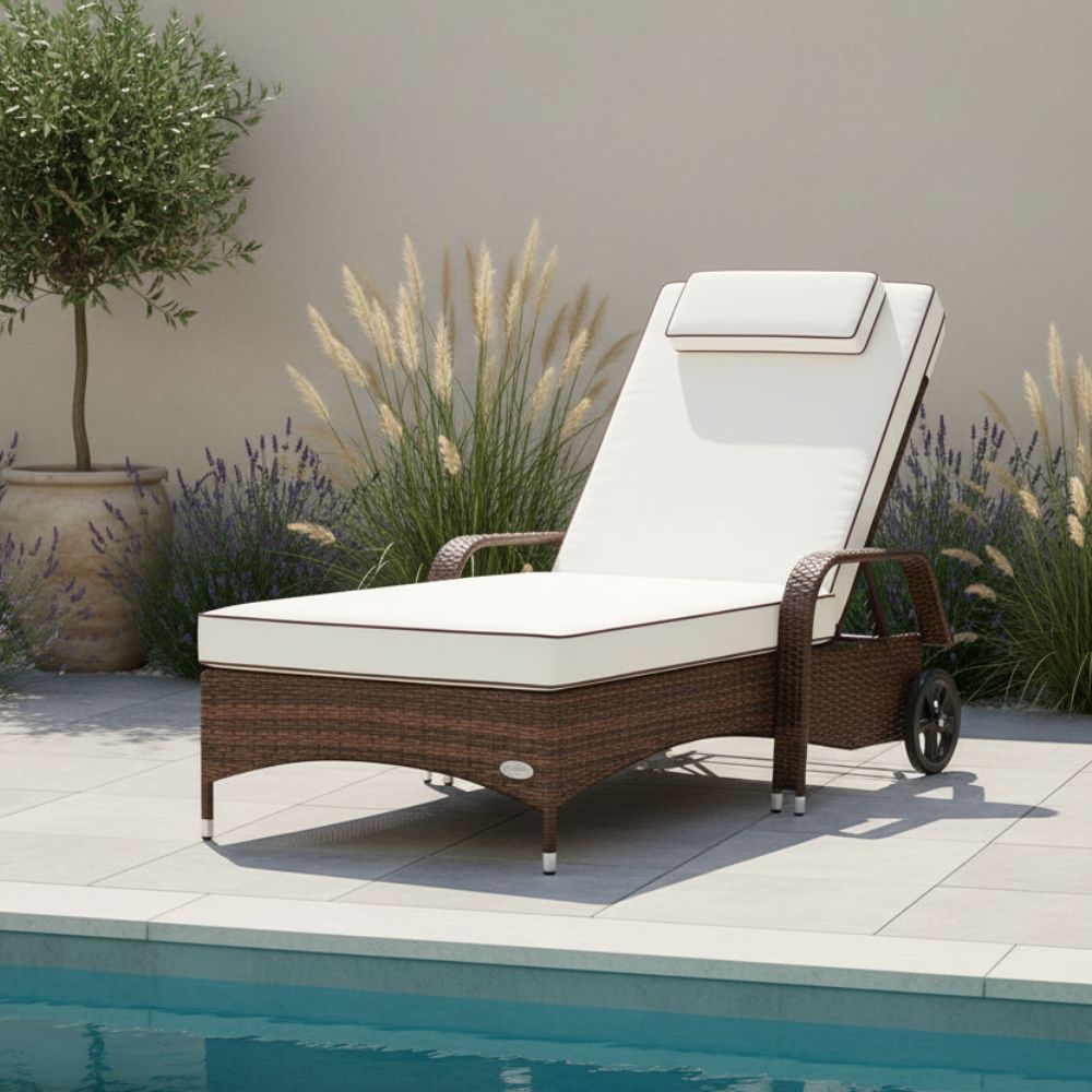 Polyrattan Sonnenliege in Braun mit heller Polsterauflage am Pool, wetterfeste Gartenliege für Terrasse und Garten