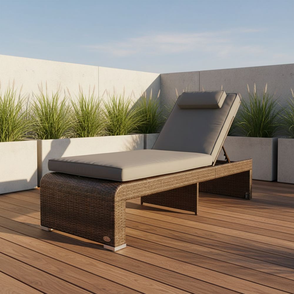 Polyrattan Sonnenliege mit grauer Polsterauflage auf Holzterrasse im Garten, moderne Outdoor-Liege für entspanntes Liegen