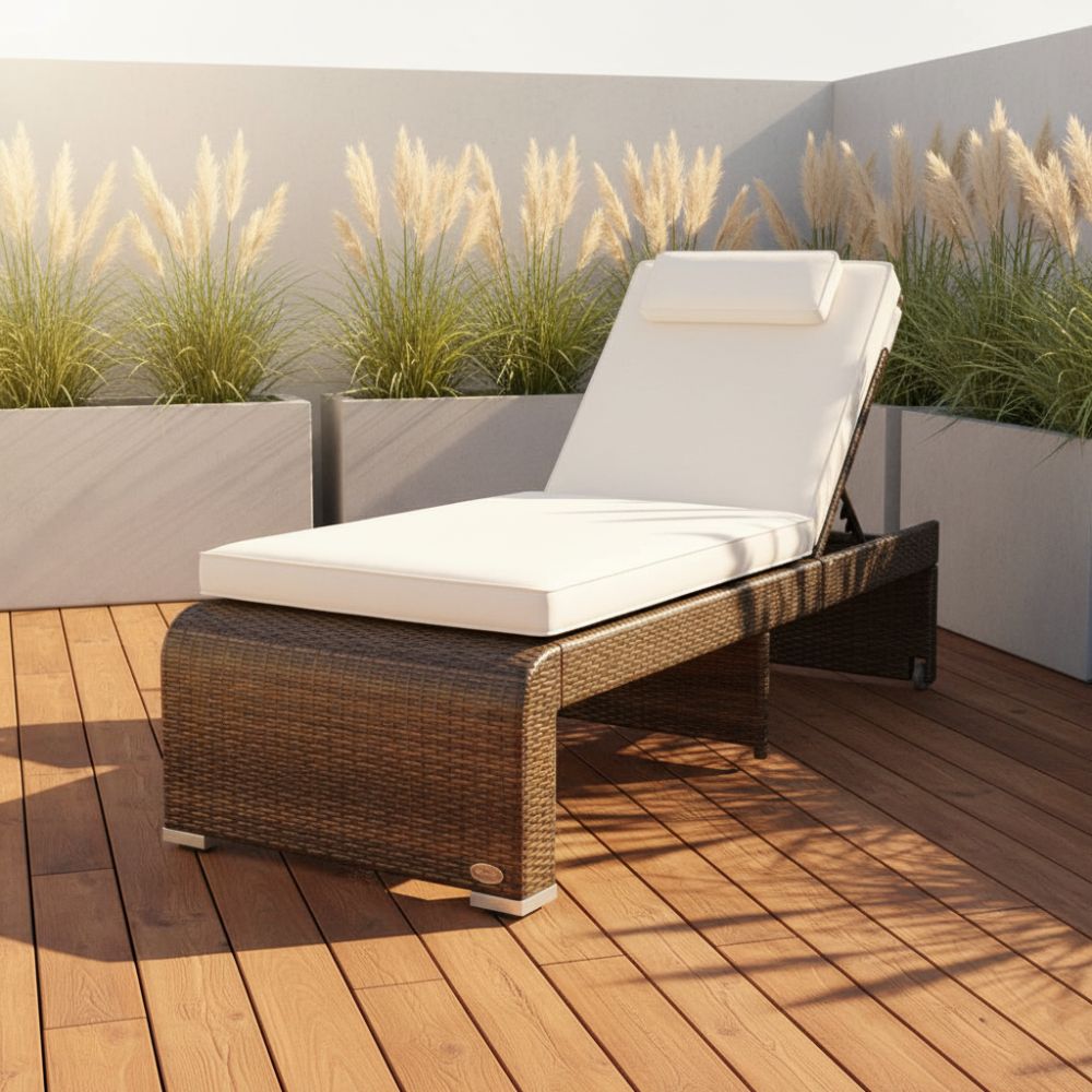 Braune Polyrattan Sonnenliege mit heller Auflage auf Holzterrasse im Garten, moderne Outdoor-Liege zum Entspannen
