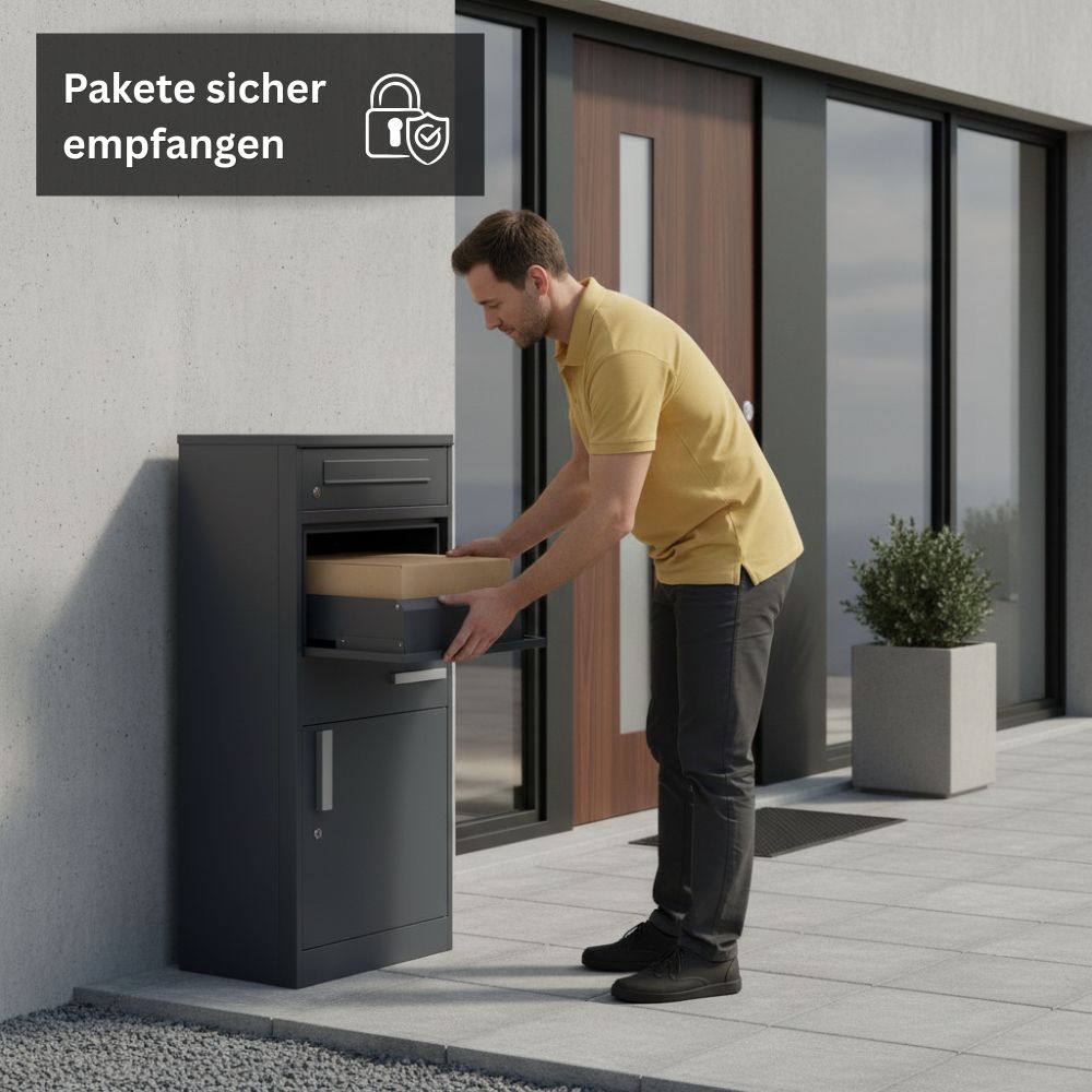Person legt ein Paket in den geöffneten anthrazitfarbenen Briefkasten mit Paketfach vor einem Hauseingang. Der freistehende Paketbriefkasten aus Stahl ermöglicht die sichere Annahme von Paketen und Briefen im Außenbereich.