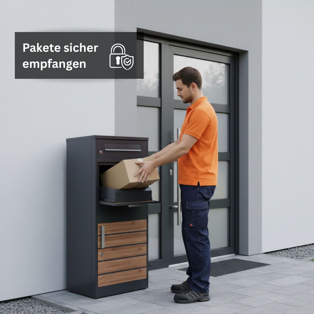 Person legt ein Paket in den geöffneten Briefkasten mit Paketfach in Anthrazit und Holzoptik. Der freistehende Paketbriefkasten aus Stahl ermöglicht die sichere Annahme von Paketen und Briefen im Außenbereich.