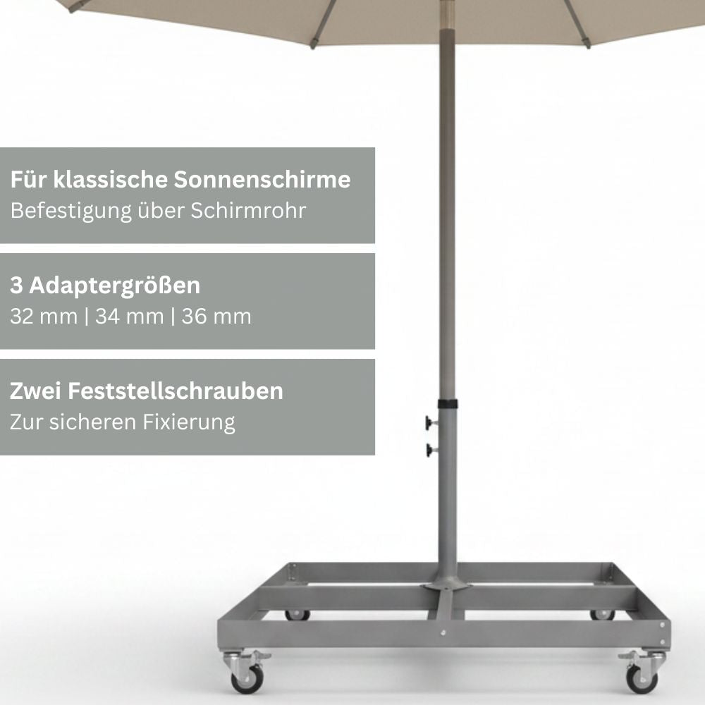 Rollbarer Sonnenschirmständer mit Schirmrohr für klassische Sonnenschirme sowie Adaptern für Rohrdurchmesser von 32, 34 und 36 Millimetern