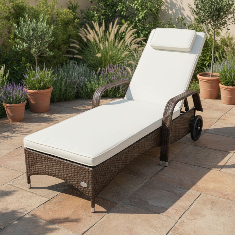 Braune Sonnenliege aus Polyrattan mit Auflage auf Terrasse im Garten