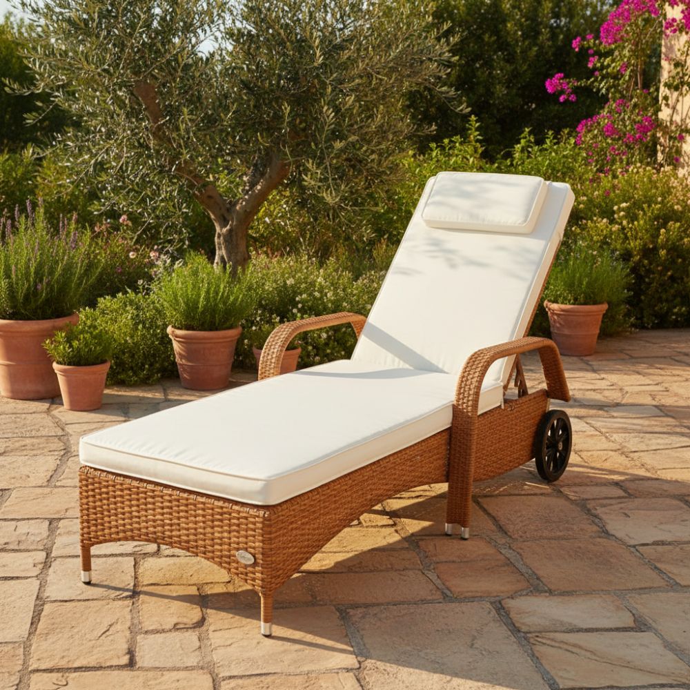 Sonnenliege aus Polyrattan in Naturbraun mit heller Auflage im Garten auf Terrasse