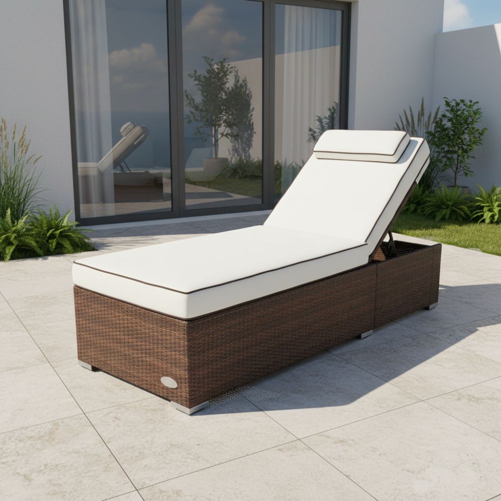 Braune Sonnenliege aus Polyrattan mit Komfortauflage auf moderner Terrasse, wetterfeste Gartenliege