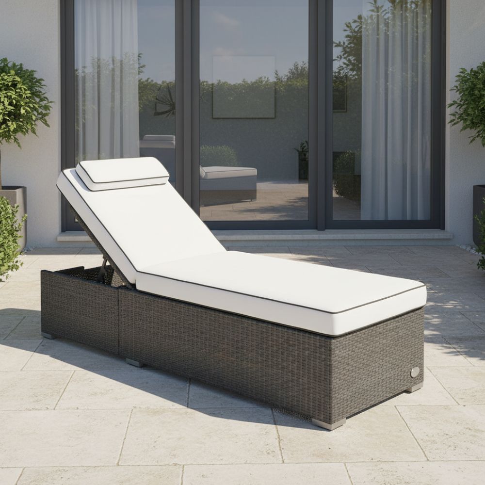Sonnenliege aus grauem Polyrattan mit heller Komfortauflage auf moderner Terrasse, wetterfeste Gartenliege