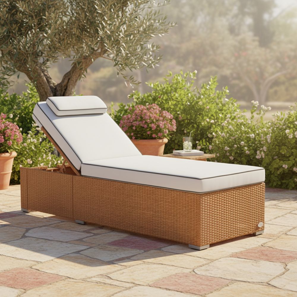 Sonnenliege aus naturfarbenem Polyrattan mit Komfortauflage im Garten, wetterfeste Gartenliege
