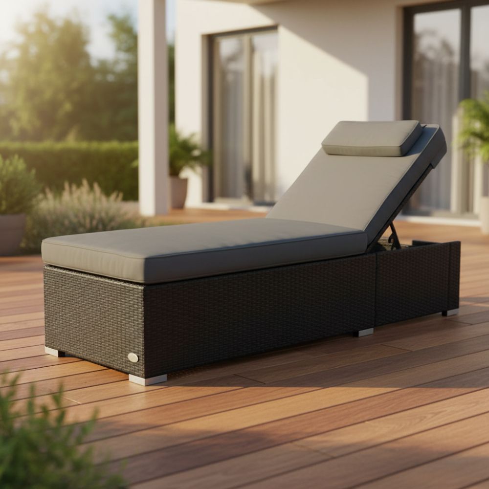 Sonnenliege aus schwarzem Polyrattan mit grauem Polster auf Terrasse, wetterfeste Gartenliege mit hoher Liegeposition