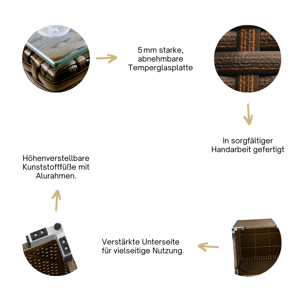 Grafik zeigt Details des braunen Rattan-Beistelltischs: Glasplatte, Handarbeit, Alufüße, Unterseite.