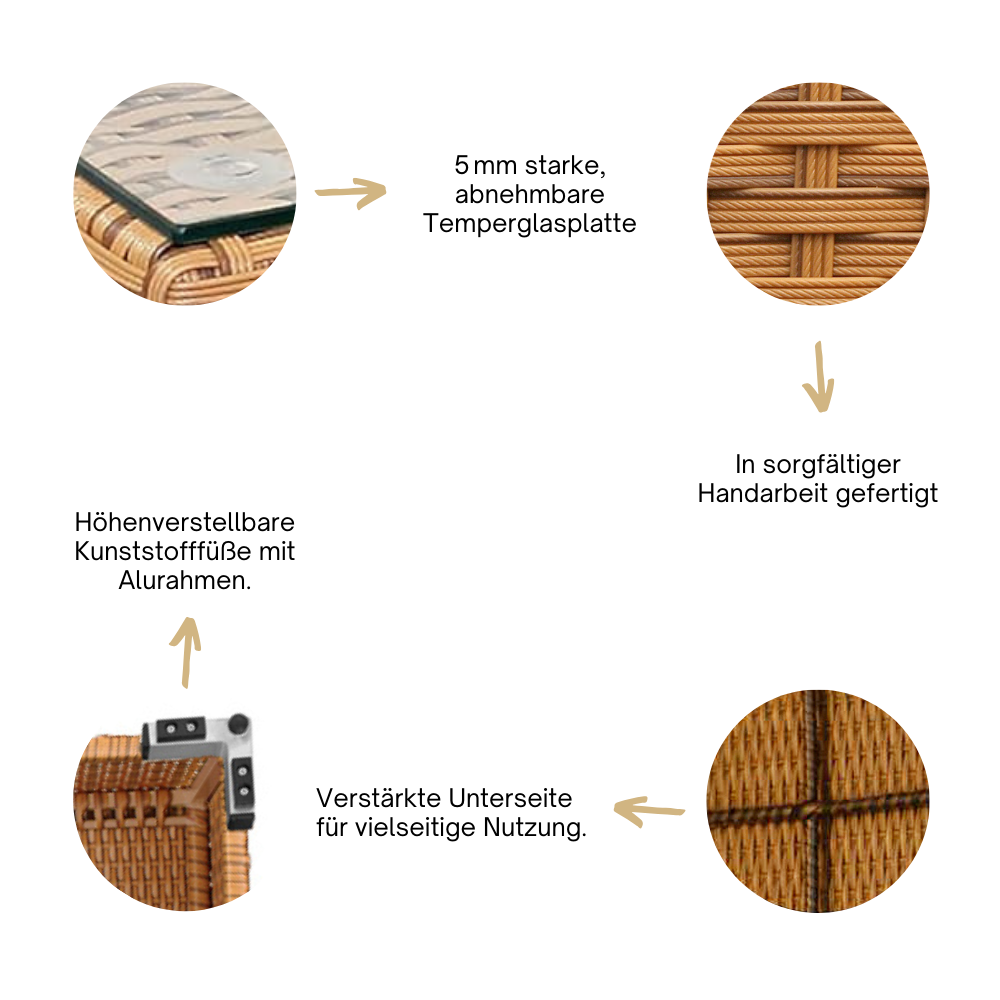 Detailansicht eines naturfarbenen Rattantischs von RS Trade mit Glasplatte und verstärkter Unterseite. Natur.