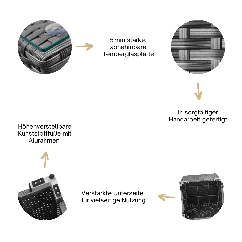 Grafik mit Detailansichten des Beistelltischs: Glasplatte, Geflecht, höhenverstellbare Füße und Unterseite. Grau.