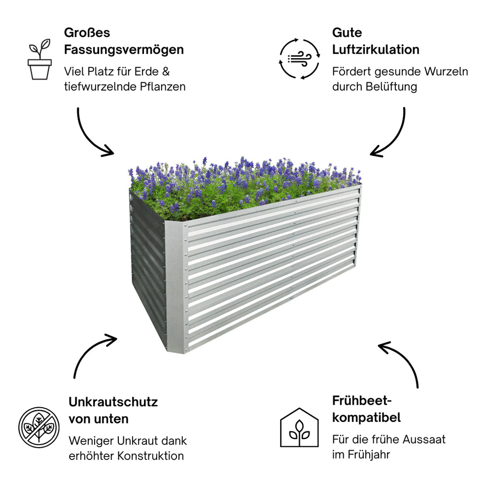 Hochbeet mit Lavendel und erklärenden Grafikelementen zu Vorteilen wie Luftzirkulation.