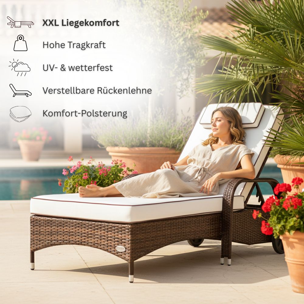Frau entspannt auf brauner Polyrattan Sonnenliege mit Komfortauflage im Garten, verstellbare Rückenlehne und hoher Liegekomfort