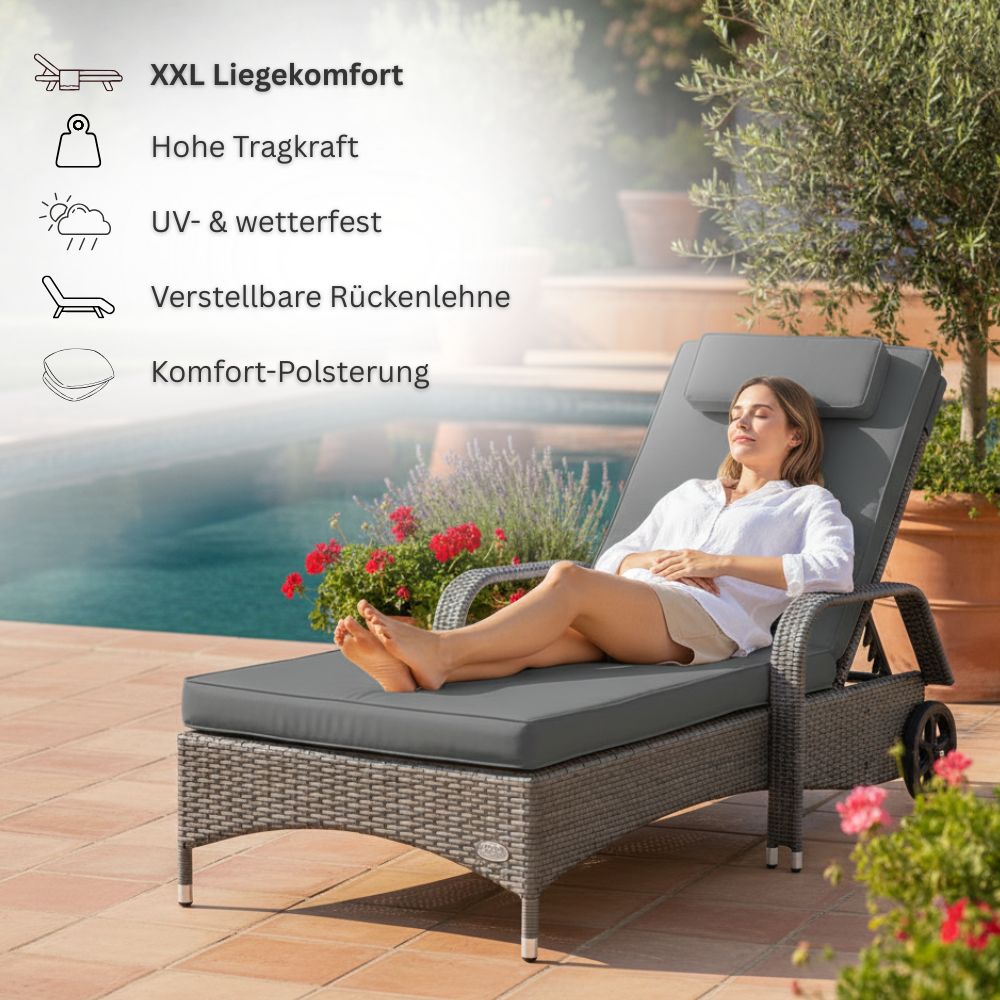 Frau entspannt auf grauer Polyrattan Sonnenliege mit Auflage im Garten, komfortable Liege mit verstellbarer Rückenlehne