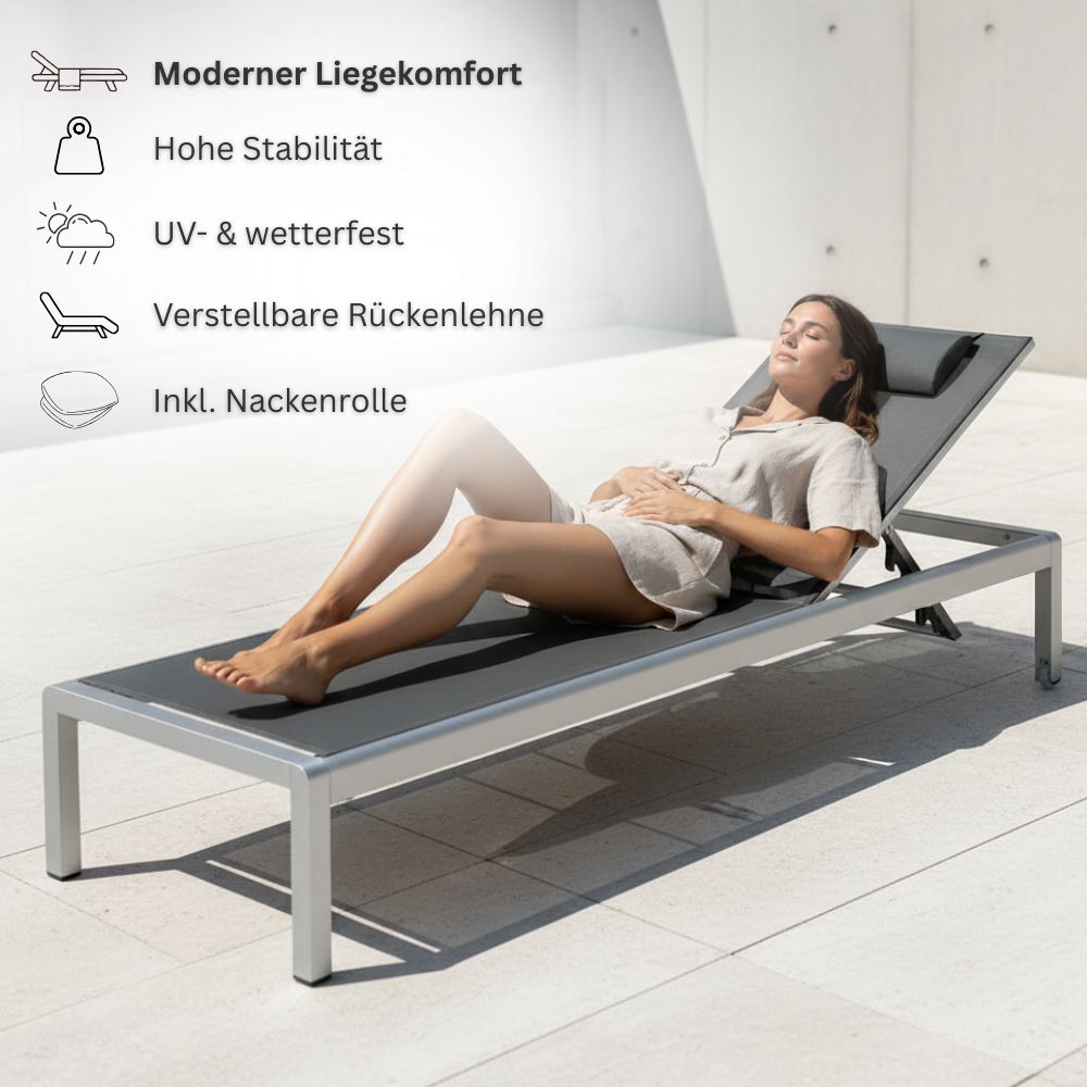Person entspannt auf Aluminium Sonnenliege mit Textilbespannung; stabil, UV- und wetterfest sowie verstellbare Rückenlehne mit Nackenrolle