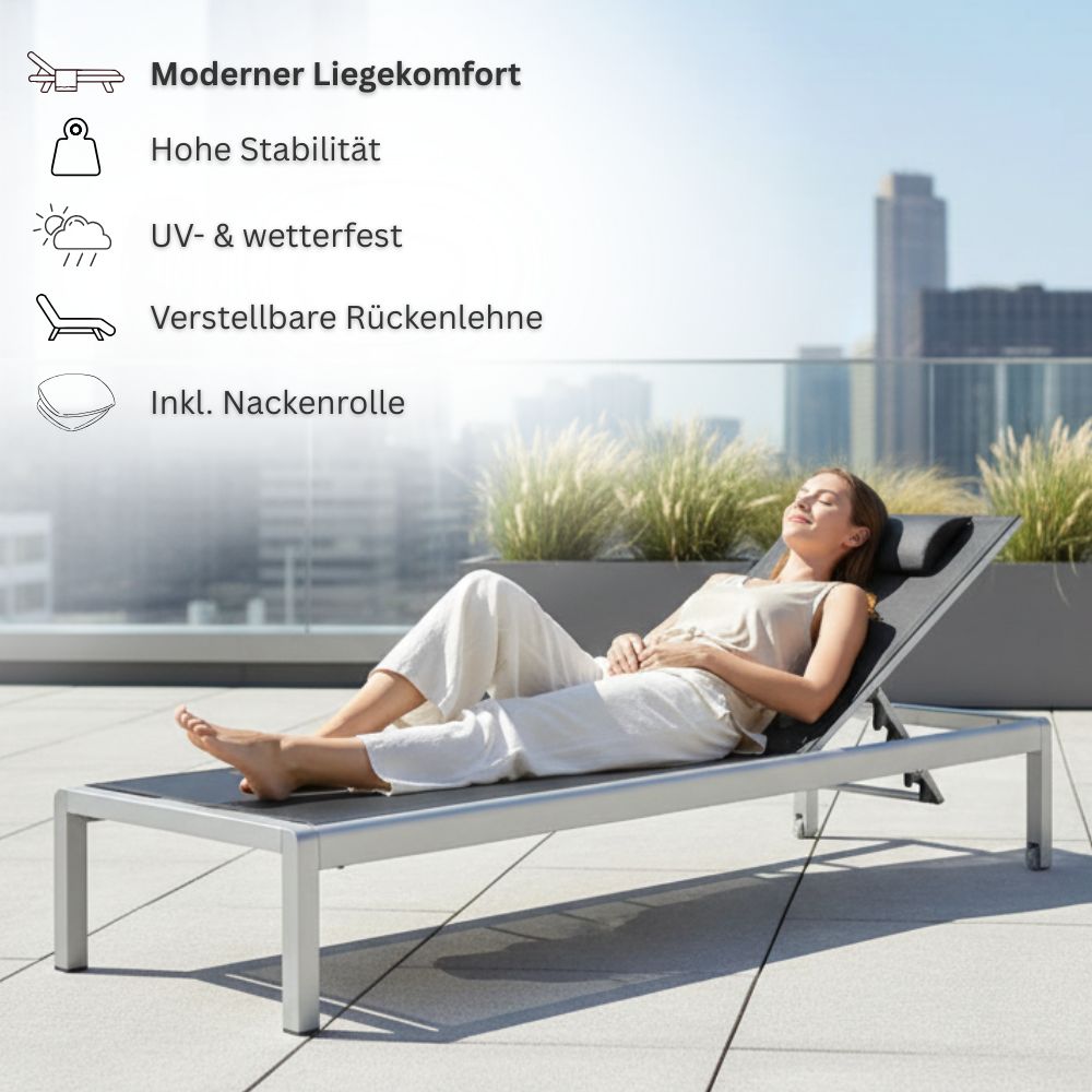 Person entspannt auf schwarzer Aluminium Sonnenliege; stabil, UV- und wetterfest mit verstellbarer Rückenlehne und Nackenkissen
